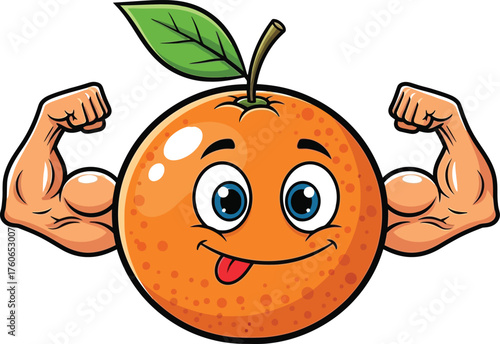 Cute cartoon orange fruit mascot flexing its muscular biceps, funny strong food character showing off its strength, healthy eating and fitness concept vector illustration.