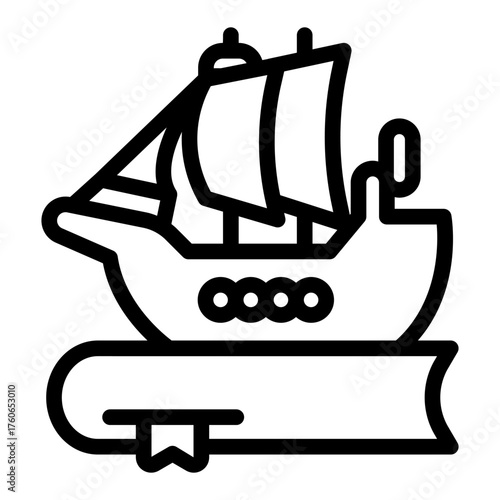 Wooden ship and book with bookmark line icon, book festival concept. Vector graphics. Book with vessel, marine story sign on white background, style icon mobile or web design.