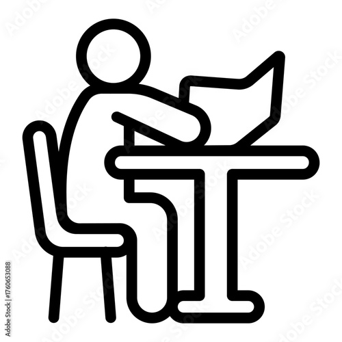 Pupil sitting at desk with book line icon, book festival concept. Vector graphics. Reader and textbook, school reading sign on white background, style icon mobile or web design.