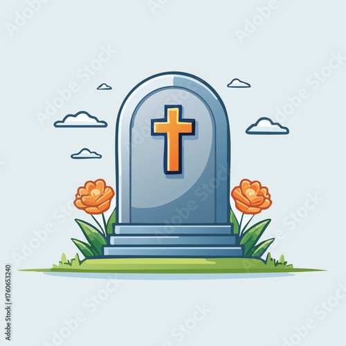 Tombstone with cross and flowers in a peaceful graveyard scene.