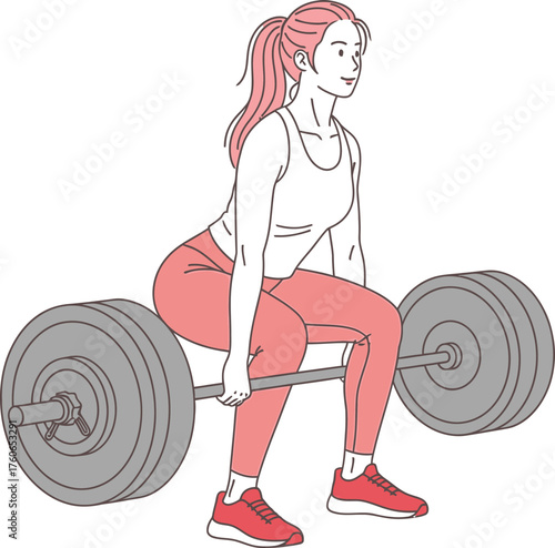 Detailed line art illustration of a young woman preparing to deadlift a heavy barbell, female powerlifter in starting position, gym strength training vector graphic.