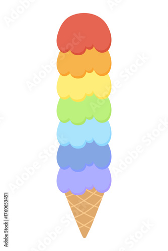Colorful rainbow ice cream stack. Dessert, summer, refreshing concepts. Flat vector design isolated illustration.