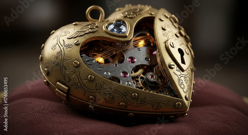 Intricate golden heartshaped locket with visible clockwork mechanism, symbolizing love and time, resting on velvet