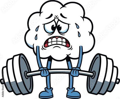 Cute cartoon cloud mascot straining and sweating while lifting a heavy weight barbell, funny character exercising, mental stress and power concept vector illustration.