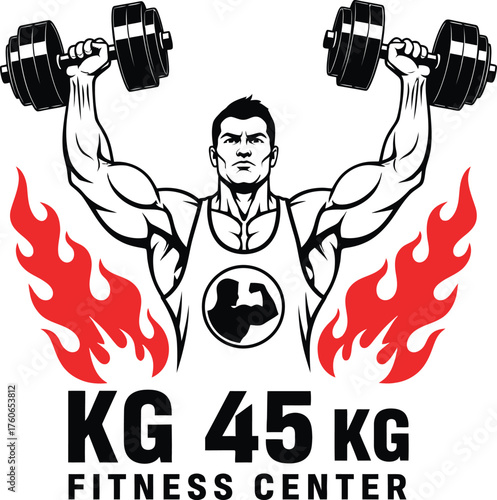 Muscular man lifting heavy dumbbells logo design for gym, strong athlete mascot vector illustration, fitness center emblem, powerful weight training sign in black, white, and red.