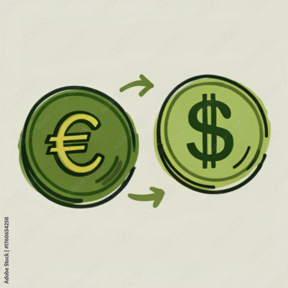 Fototapeta premium Euro to Dollar Currency Exchange Concept Illustration with Hand-Drawn Coins and Arrows