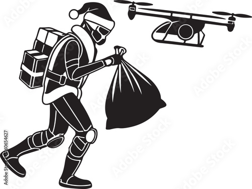 Vector silhouette of a robot Santa delivering presents with drones