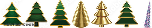 Abstract Christmas Tree Vector Set with Shiny Gold and Green 3D Metallic Design Elements.
