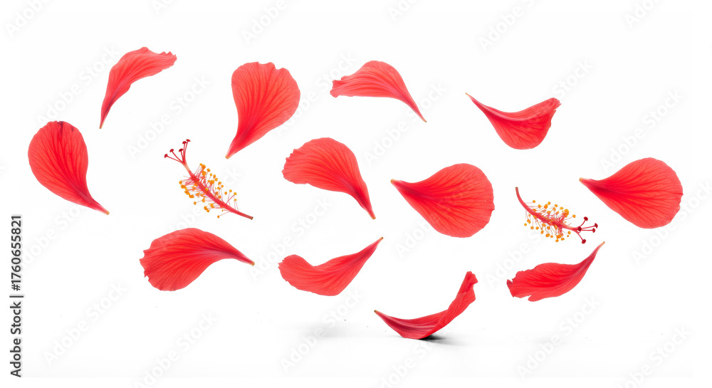 Fototapeta premium Red Hibiscus Petals and Stamens Scattered on Transparent Background