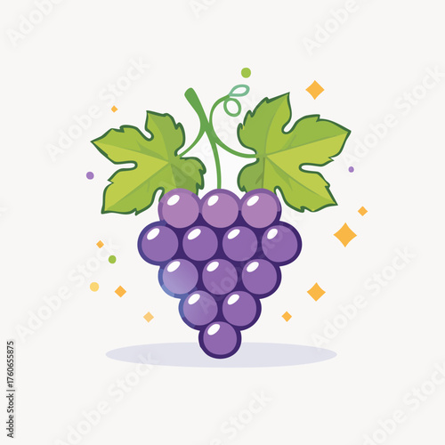 A bunch of purple grapes with green leaves and a white background.