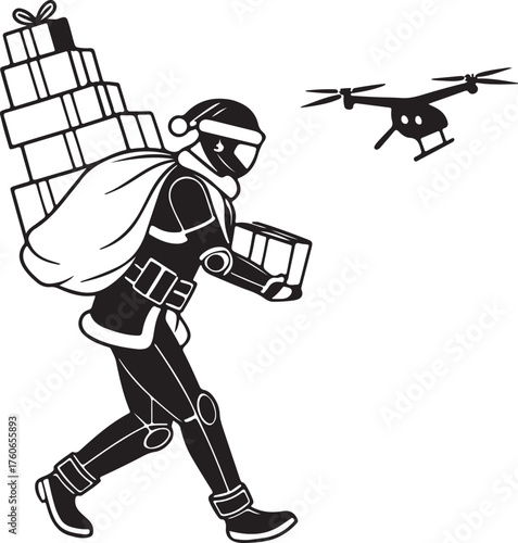 Vector silhouette of a robot Santa delivering presents with drones