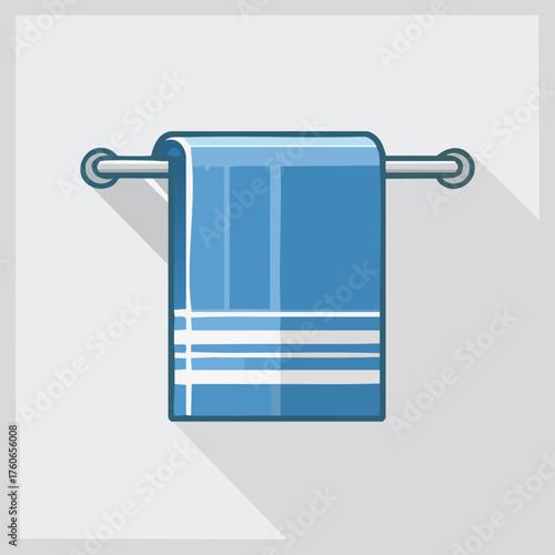 Blue Towel Hanging on a Silver Towel Rack in a Bathroom.