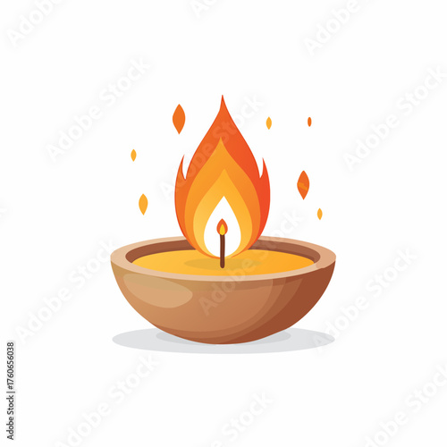 Burning candle in a bowl, bright flame, warm light, simple illustration.