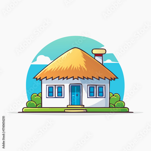 Charming Thatched Roof House with Blue Door and Windows.