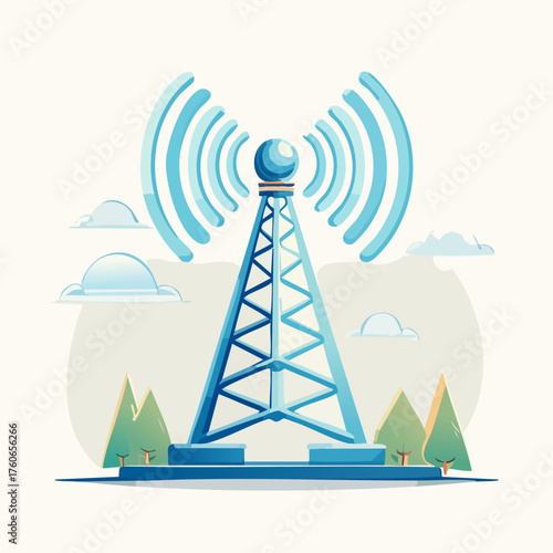 Communication Tower Broadcasting Signals in a Rural Landscape.