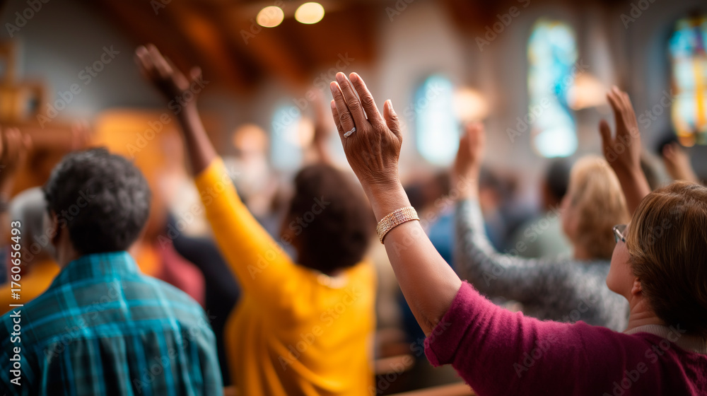 Fototapeta premium Rear view of diverse congregation standing in prayer hands lifted up colorful clothing visible faces obscured multicultural church worship mental health spiritual support den