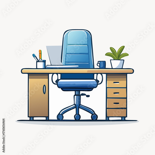 Empty Office Desk with Chair, Laptop, and Plant in a Clean, Modern Style.