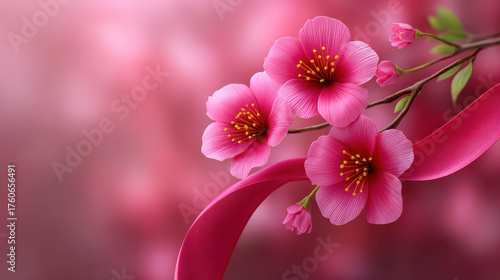 Pink flower blossom with ribbon decoration on soft blurred background, evoking gentle and romantic mood