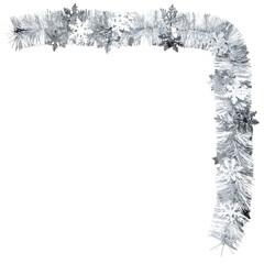 Corner border of silver, wintry garland with snowflake ornaments against black