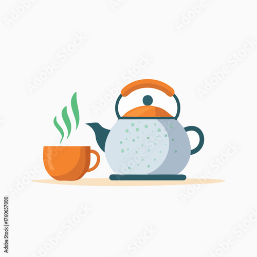 Orange cup and teapot with steam, ready for tea time.