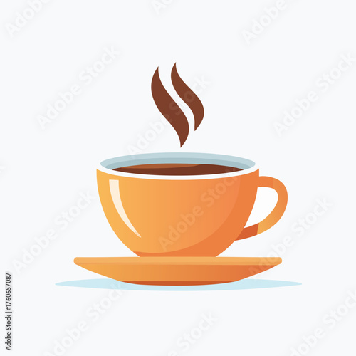 Orange Coffee Cup on Saucer with Steam Rising Up.