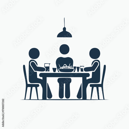 Simple icon of three people sharing a meal at a table.