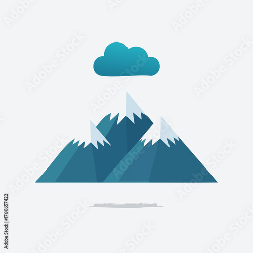 Stylized blue mountain range with snowy peaks and cloud.