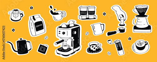 Coffee sticker vector pack with trendy cafe doodles, espresso cups, and cute barista art. Great for social media content, stickers, packaging, merchandise, or fun cafe branding