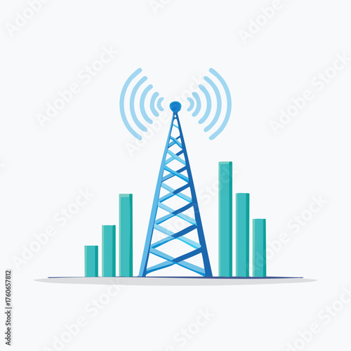 Wireless Communication Tower Emitting Signal Waves Illustration.