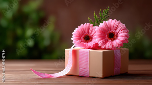Pink gerbera flowers decorate gift box wrapped with pink ribbon on wooden surface with blurred natural background, evoking warmth and joy