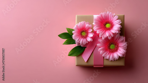 Pink flower gift box with green leaves and ribbon on soft pink background, delicate and charming present for special occasions