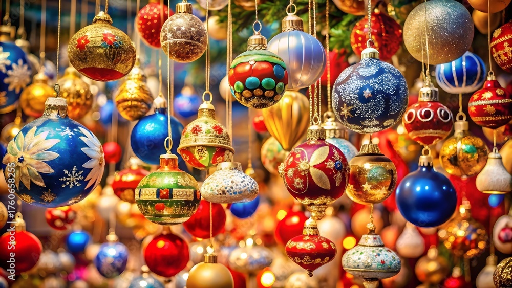 Fototapeta premium A dazzling array of colorful christmas ornaments hanging from above, showcasing a variety of festive designs and textures