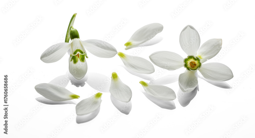 Fototapeta premium White Snowdrop Flowers with Loose Petals on Transparent Background