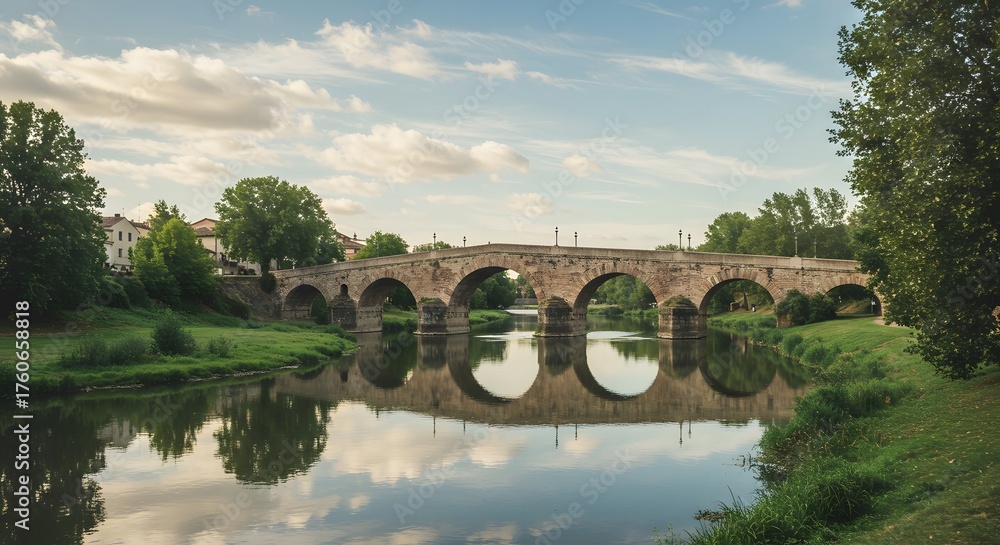 Fototapeta premium Historic Stone Bridge Arches Reflecting in Calm River Water Under a Cloudy Sky