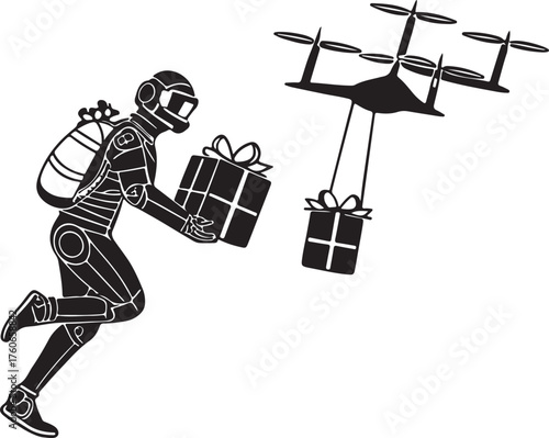 Vector silhouette of a robot Santa delivering presents with drones