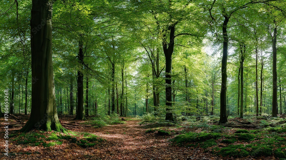 Obraz premium Lush Forest Interior with Sunlight Filtering Through Green Canopy