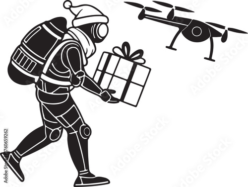 Vector silhouette of a robot Santa delivering presents with drones