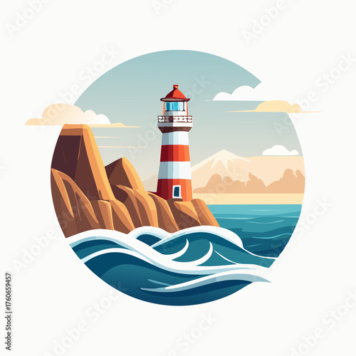 A classic red and white striped lighthouse on a rocky cliff by the sea.