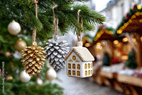 Christmas market decor with pinecone and house ornaments