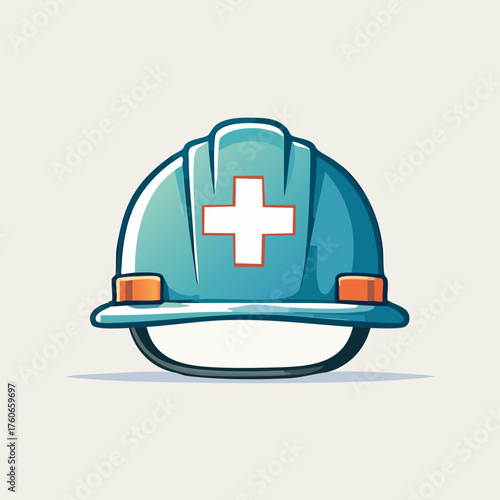 Blue hard hat with white cross symbol for safety and medical services.