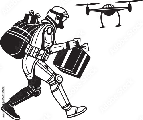 Vector silhouette of a robot Santa delivering presents with drones