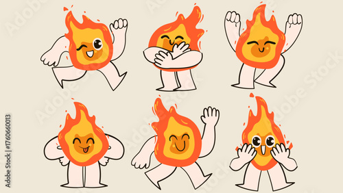 Cute characters fire shape with funny expression. Cartoon isolated vector illustration.