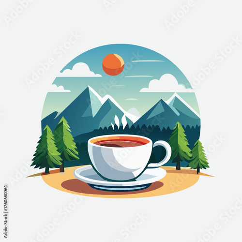 Coffee Cup with Mountain View Illustration.