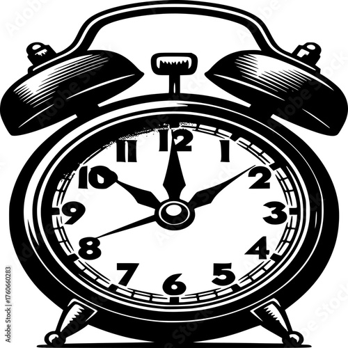 Classic Alarm Clock: A close-up, vintage-style illustration of a classic alarm clock, meticulously detailed to evoke a sense of nostalgia, time, and punctuality.