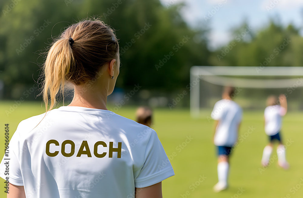 Fototapeta premium A coach watches intently as young athletes practice soccer on a sunny field. The coach is facing away from the camera, her focus on the players in front of her, in a sports setting.