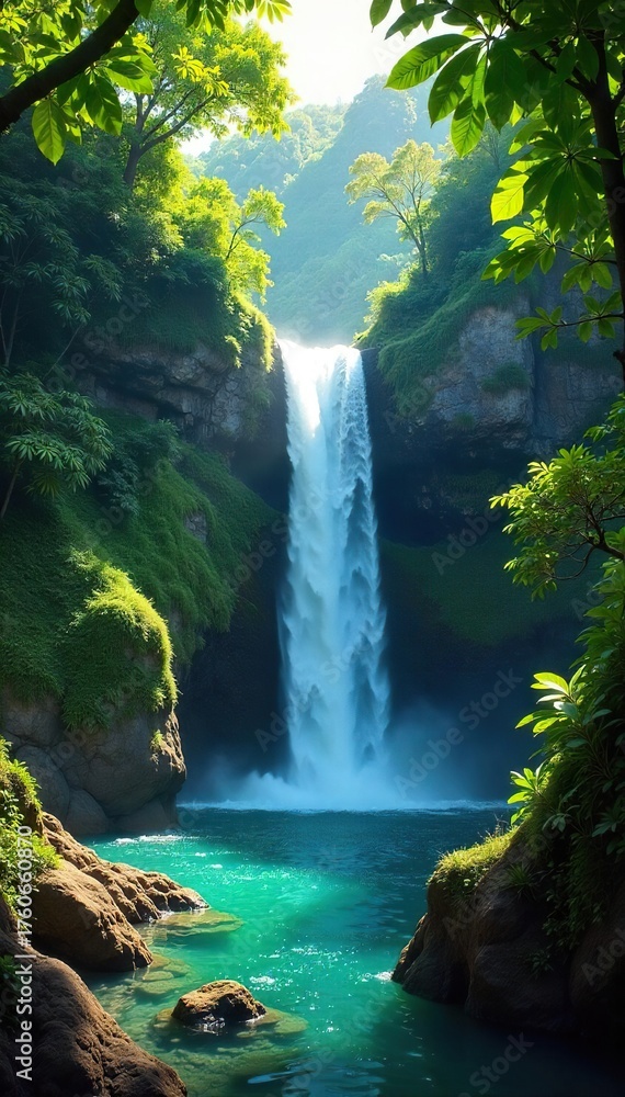 Fototapeta premium Sunlit Waterfall Cascades into Crystal Pool, Lush Tropical Foliage Framing the Scene Tranquil Nature Escape