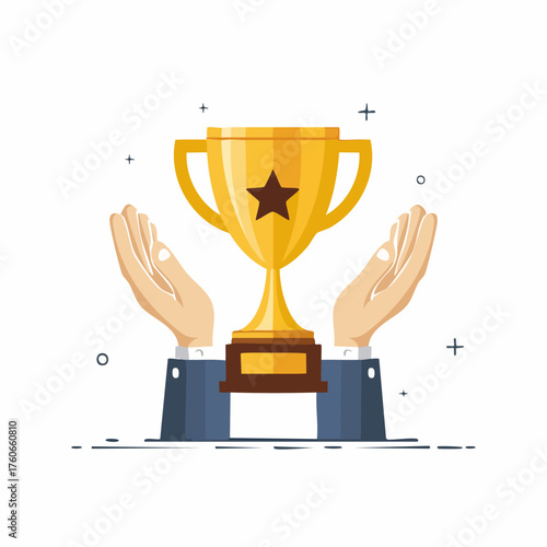 Golden Trophy Held by Hands Symbolizing Achievement and Success.