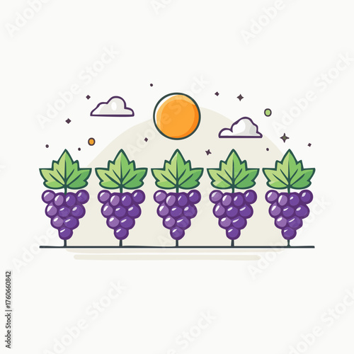 Grape Vineyard with Sun and Clouds Flat Cartoon Illustration.