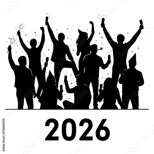 New Year 2026 Celebration Cheering Crowd Silhouettes Festive Party People Future Event Success Achievement Unity Graphic Vector illustration
