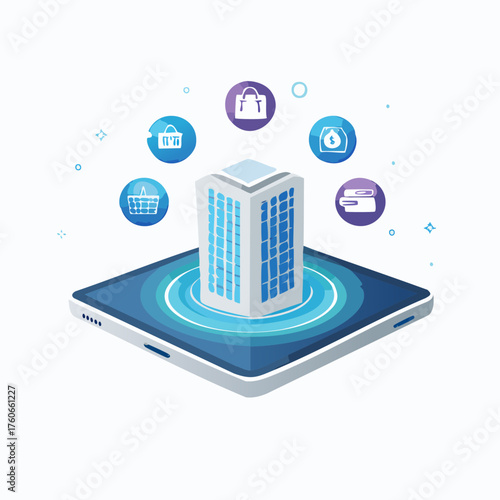 Isometric Digital Business and E-commerce Technology Concept.